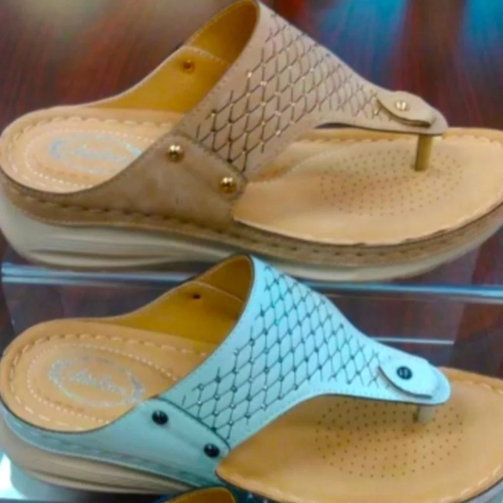 Italina Tan White Textured Rhinestone Thong Slide On Padded Comfort Wedge Sandal - Picture 2 of 6